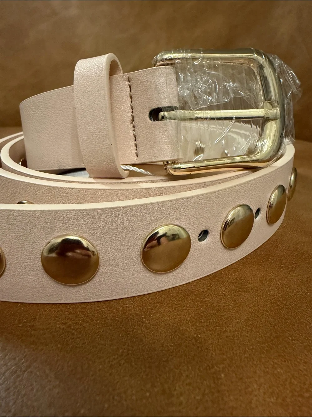 VATAN Eco Friendly Nude Studded Belt w/ Gold Hardware. Measurements in photos.